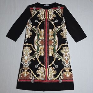 NWT ZARA Black Green Red Paisley Stretch 3/4 Sleeve Tunic‎ Shift Dress Small